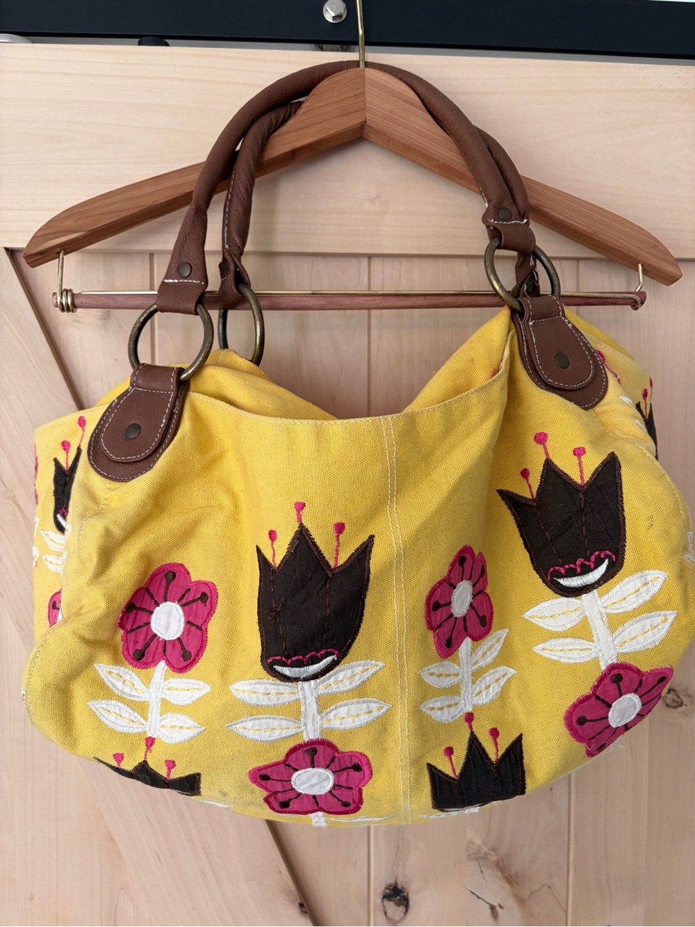 Boho Yellow Floral Canvas Shoulder Bag with Brown Handles